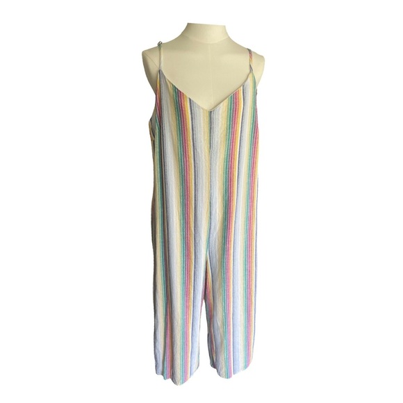 Lily Black Rainbow Multicolor Linen Blend Stripe Cropped Jumpsuit Romper Large - Picture 1 of 11